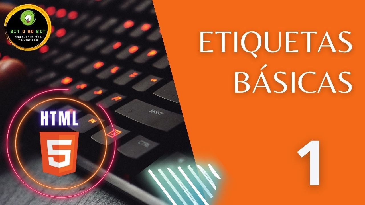 Imagen de fondo naranja con el logo de HTML5 y un teclado negro retroiluminado, con el título Estructura básica de una pagina web