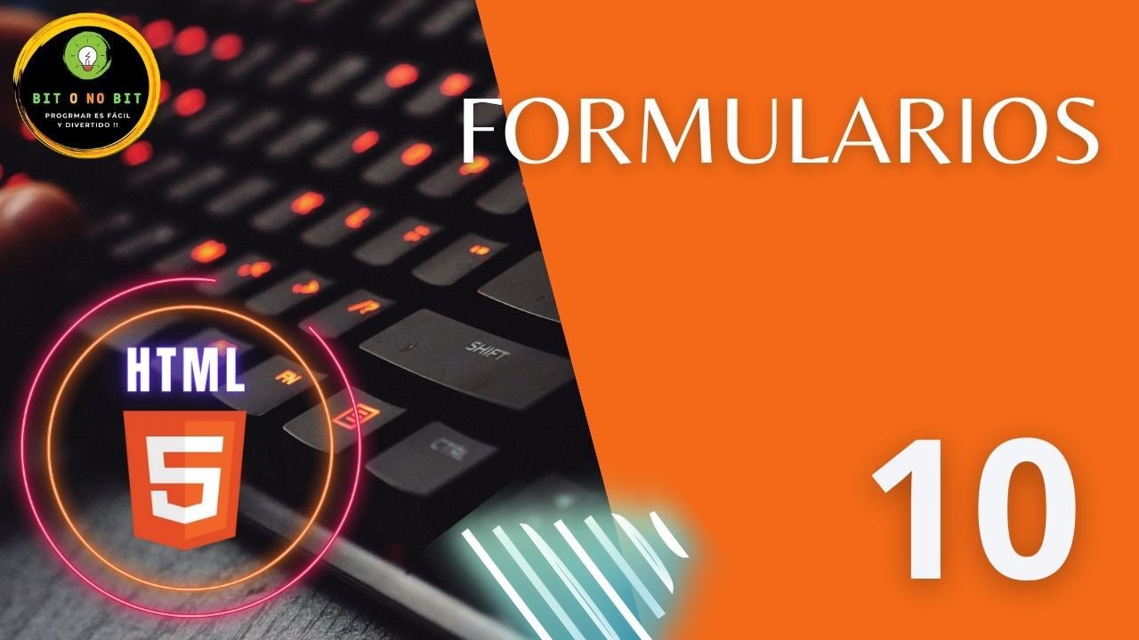 Imagen de fondo naranja con el logo de HTML5 y un teclado negro retroiluminado, con el título Formularios