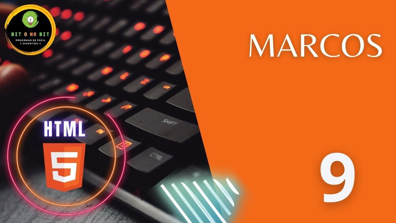 Imagen de fondo naranja con el logo de HTML5 y un teclado negro retroiluminado, con el título Marcos
