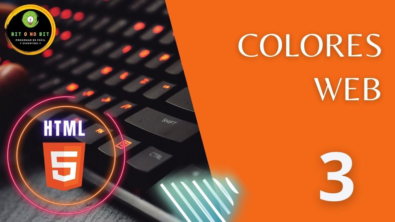 Imagen de fondo naranja con el logo de HTML5 y un teclado negro retroiluminado, con el título Colores