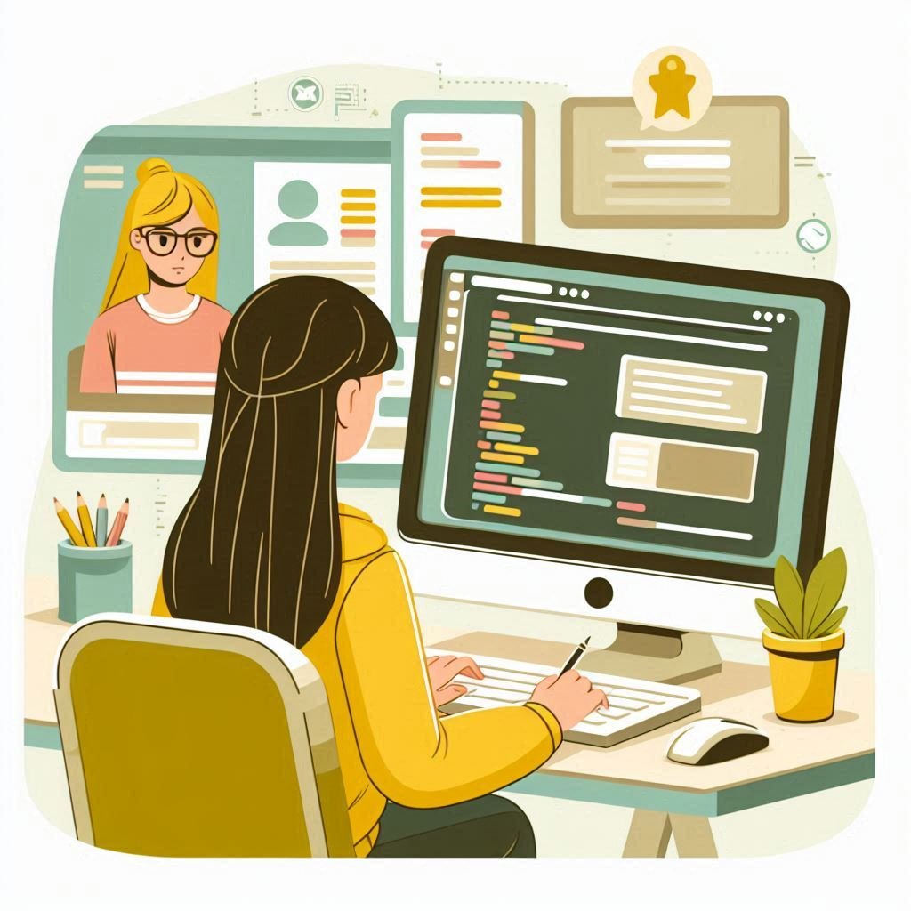 mujer aprendiendo a programar una web en un ordenador con dos pantallas con tonos beis, amarillos y verdes estilo caricatura