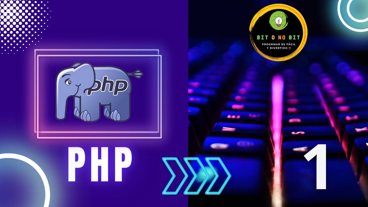 Imagen de un teclado retroiluminado y el logo de PHP con tonalidades violetas