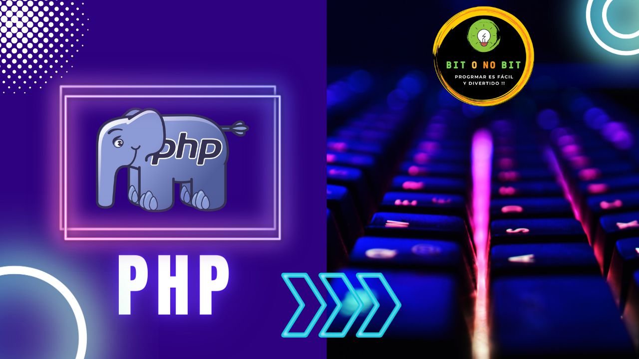 Imagen de un teclado retroiluminado y el logo de PHP con tonos violetas